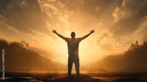 Silhouette of a man praising and symbol of a cross
