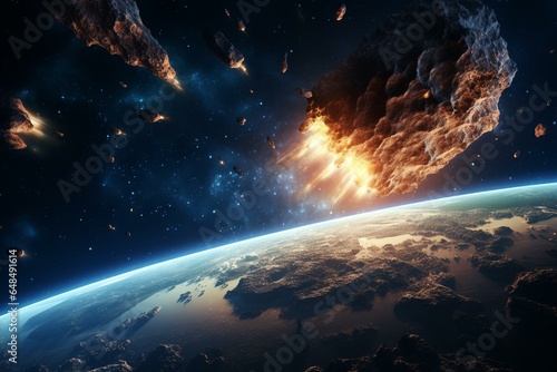 An image of the Earth being threatened by comets  asteroids  and meteorites in the night sky with a dangerous asteroid and descending comet tail. Generative AI