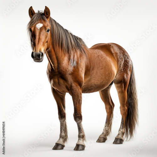 A majestic sorrel stallion stands proudly with its flowing mane and powerful brown snout. White isolated