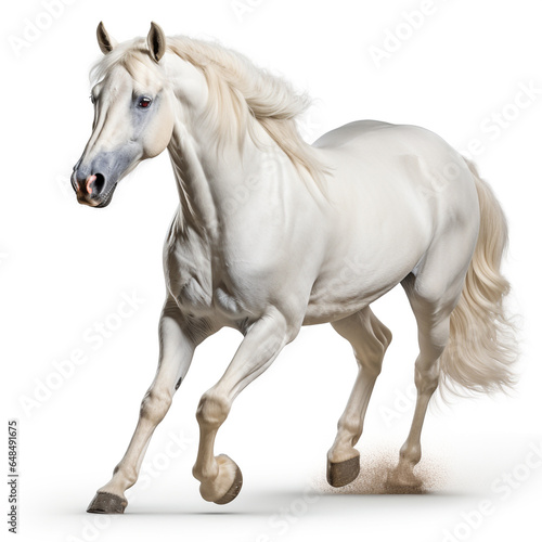 A magnificent white stallion galloping proudly, its long mane and sorrel liver flowing gracefully in the wind. White isolated