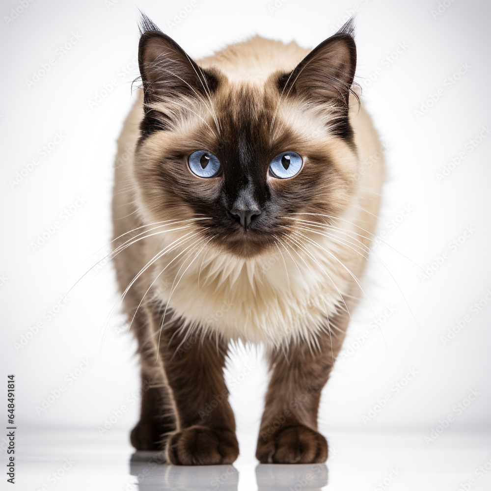 Furry Siamese cat with captivating whiskers sits on white surface