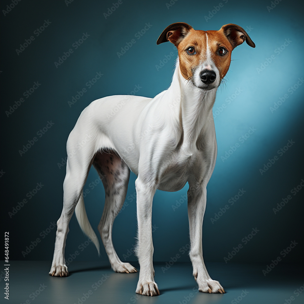 White dog stands proud with its sharp snout and big eyes