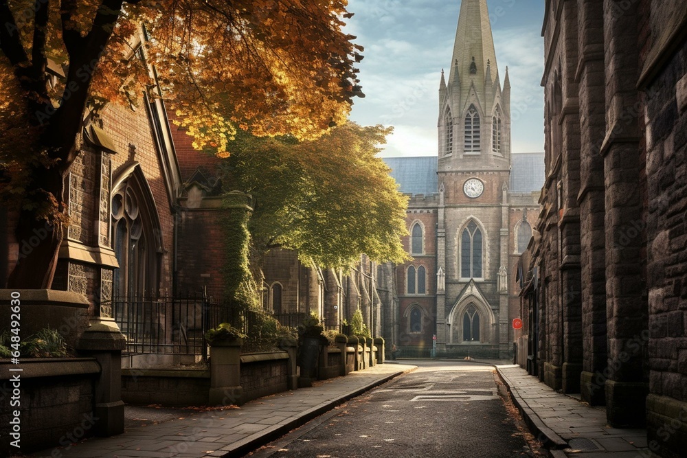 Cathedral in Dublin with alley in the city. Generative AI