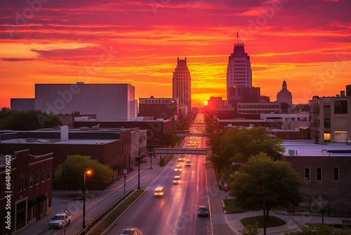 Sunrise over downtown Des Moines. Generative AI © Makena