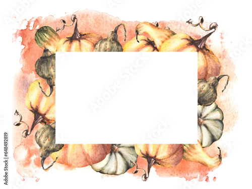 Fall pumpkins frame Autumn vegetables harvest. Isolated watercolor illustration on white background with aquarelle stains. design for halloween, thanksgiving, invitation, prints, flyers, greeting card