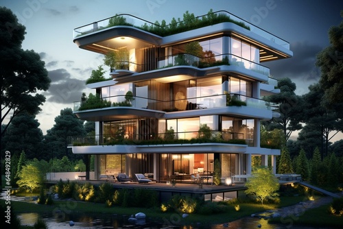 Modern residence building with balcony and garden. Generative AI © Alexander