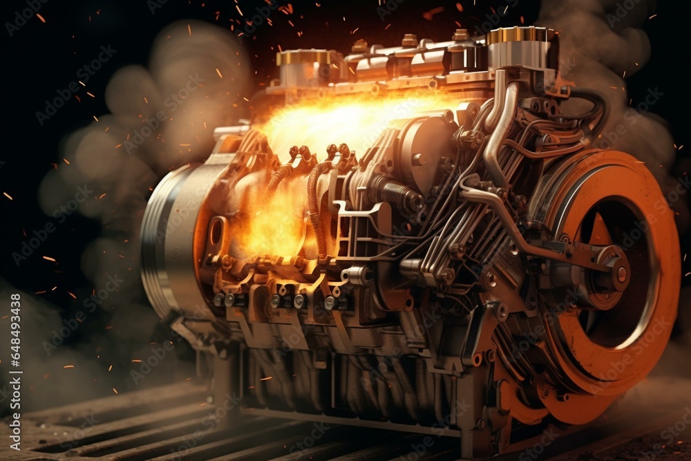 Animation of a functional V8 engine with explosions and sparks. Moving ...