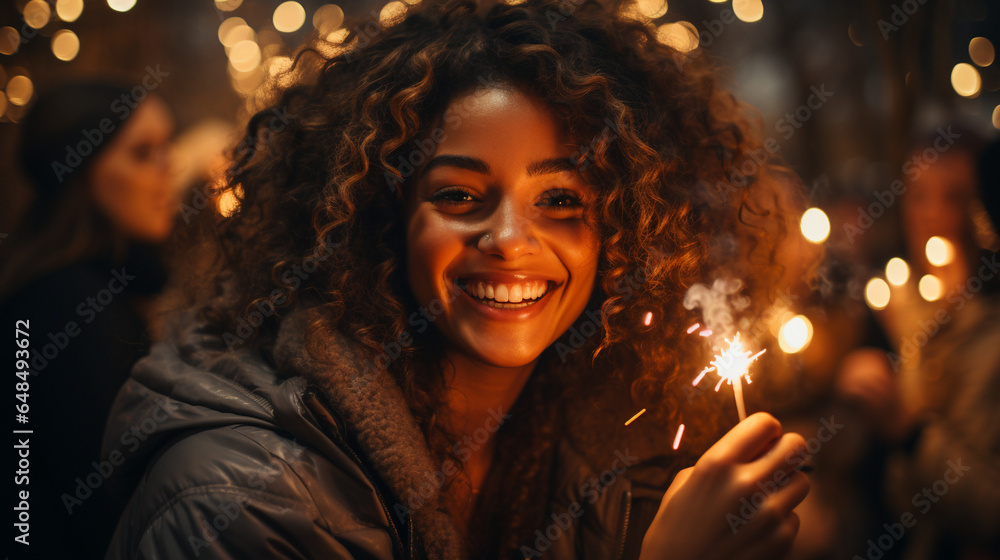 Woman with sparklers celebrates New Year. Generative Ai Woman with sparklers celebrates New Year. Generative Ai