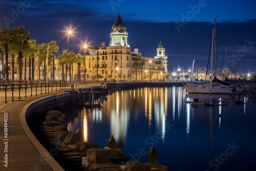 Nocturnal harbor view featuring Valencia s clock tower in Spain. Generative AI
