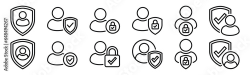 Account security thin line icons. People, user, avatar, person, profile with shield protection and padlock with check mark icon symbol. Editable stroke. Vector illustration