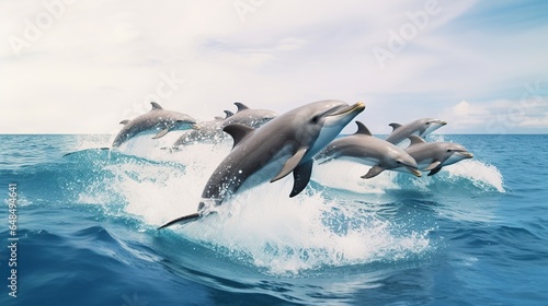 Beautiful group of dolphins jumping out of sea
