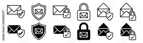 Mail icon set. email security icon vector. E-mail icon. Envelope symbol. email with shield protection, padlock, and check mark for apps and websites
