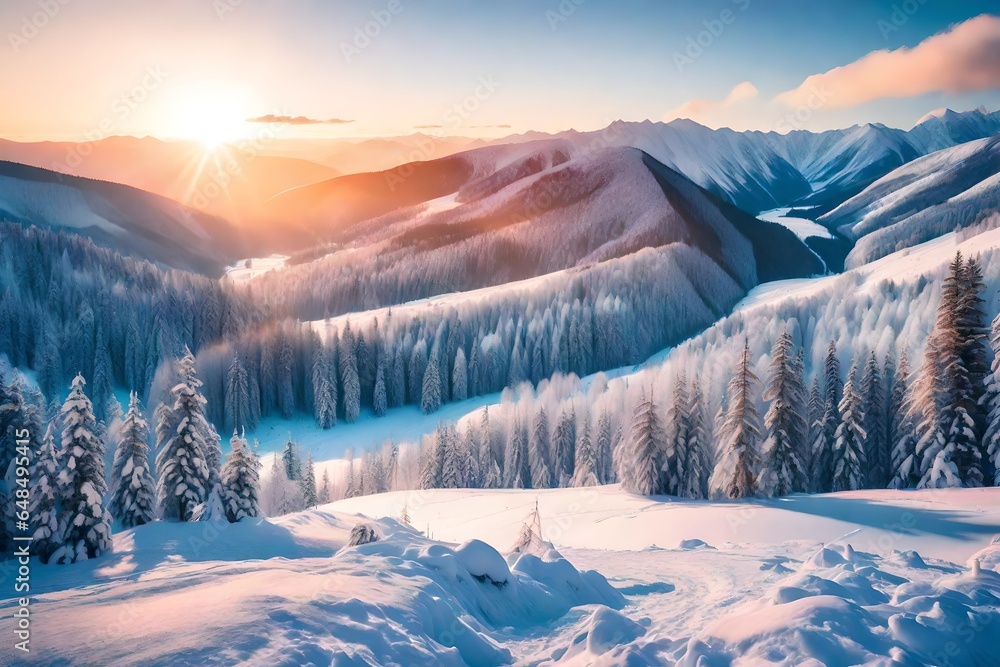 Perfect outdoor scene of winter mountains. Magnificent sunset in Carpathians, Ukraine, Europe. Snowy evening view of mountain valley. Beauty of nature concept background