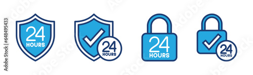24 hour security icon for apps and websites. Safety, secure, protection for 24 hours icons symbol. Shield, padlock, lock, check mark icon. Vector illustration