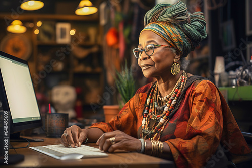 A retired African-American woman wearing a turban, working at a computer.