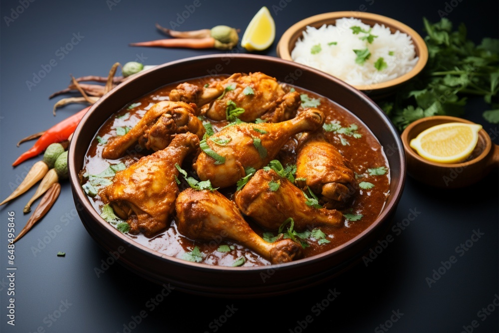 Delight in a fragrant chicken curry showcasing juicy drumsticks Delight in a fragrant chicken curry showcasing juicy drumsticks
