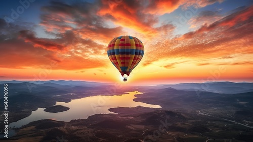 Beautiful hot air balloons flying over sky with sunset view © Beny