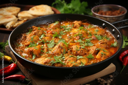 Tasty chicken curry in a pan with wooden spices