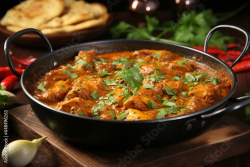 Tasty chicken curry in a pan with wooden spices