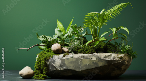 Stone with plants and rocks in it on a green background