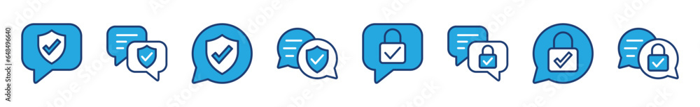 Conversation security icons. Chat security and protection icon symbol. Speech bubble or with shield, padlock, checkmark icon symbol. Vector illustration Conversation security icons. Chat security and protection icon symbol. Speech bubble or with shield, padlock, checkmark icon symbol. Vector illustration