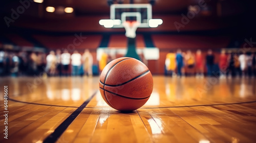Basketball on court floor at stadium. © visoot
