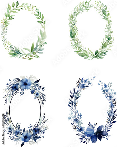 Set of watercolor oval flower frame illustrations, template wedding invitation card 