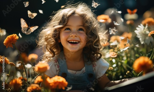 A little girl sits among flowers, laughs, playfully catches butterflies. Bright happiness, joy, and spring in children games in the meadow.