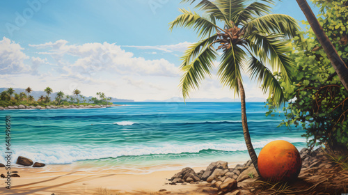 Painting of a beach with palm trees and a coconut