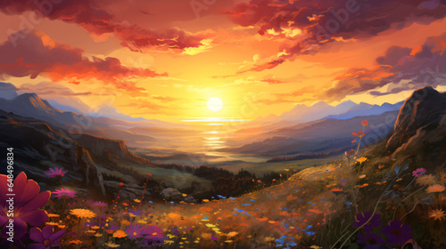 A painting of a beautiful sunset over a valley