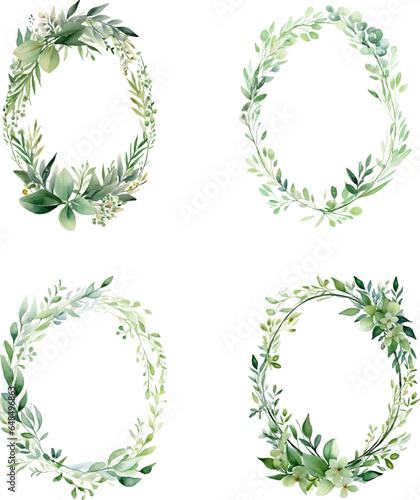 Set of watercolor oval flower frame illustrations, template wedding invitation card 