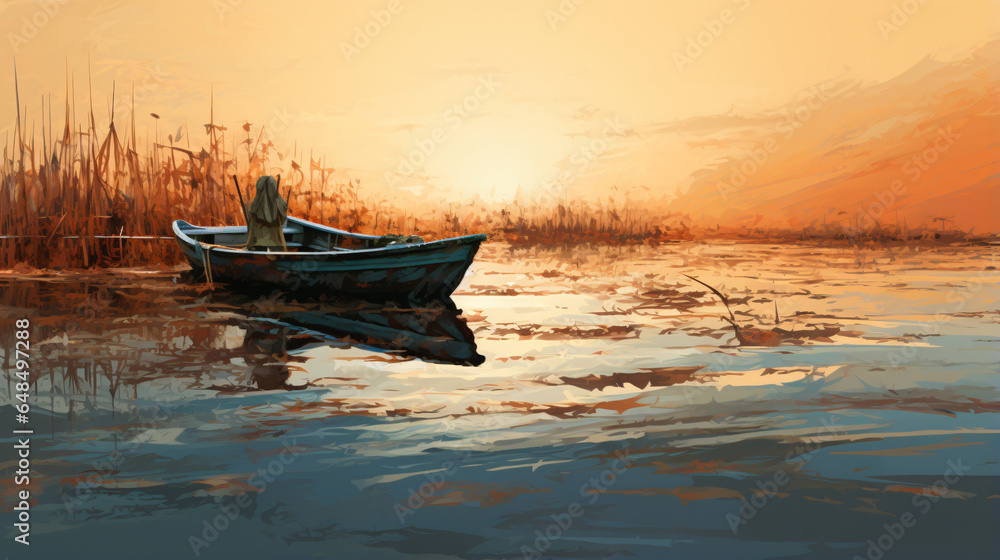 A painting of a boat on a lake with reeds
