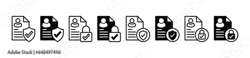 Privacy data security thin line icons. Information protection icon symbol. Personal data or info with shield protection, padlock and check mark icon symbol. Vector illustration
