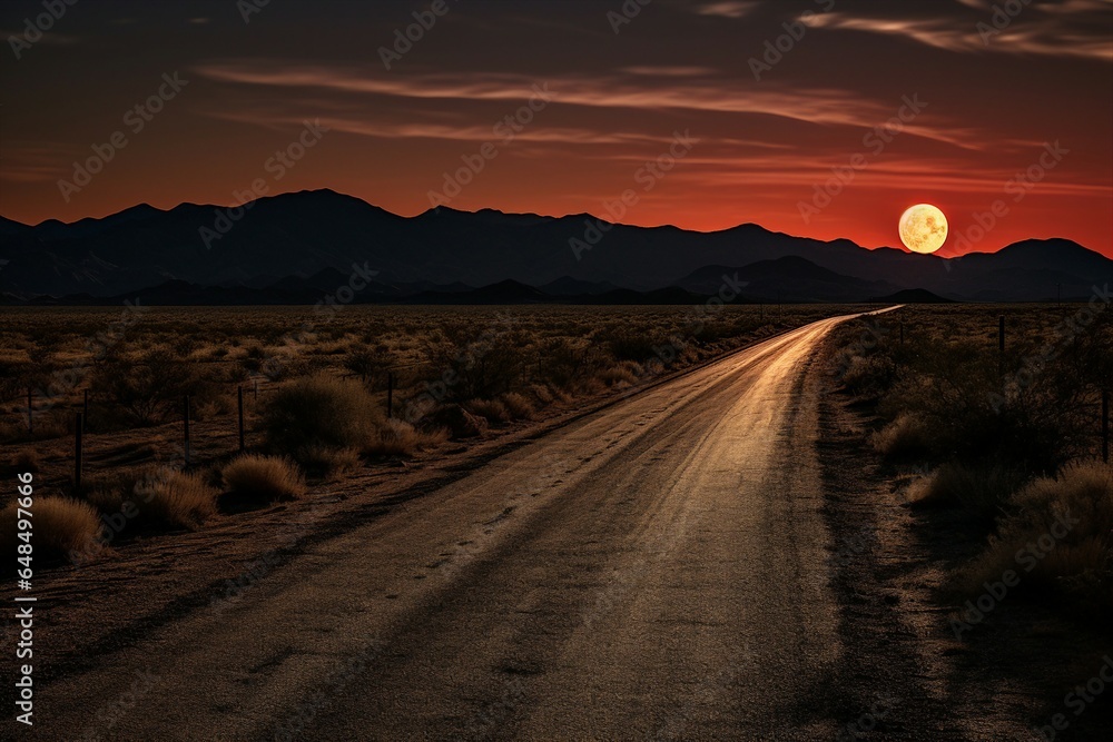 A road leads to the moon in the vast desert landscape.
