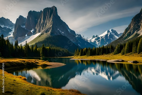 Panorama of a rocky mountain meadow with larch trees and mountain range in the background- British Columbia, Canada  3d render © Malaika
