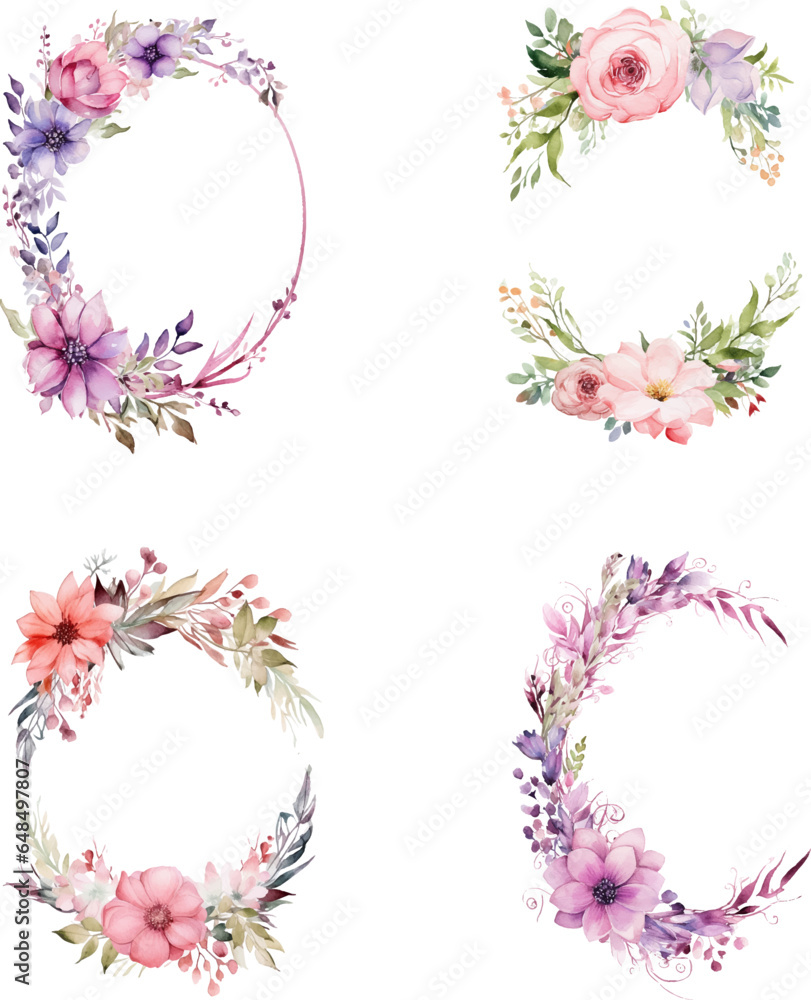 Set of watercolor oval flower frame illustrations, template wedding invitation card 