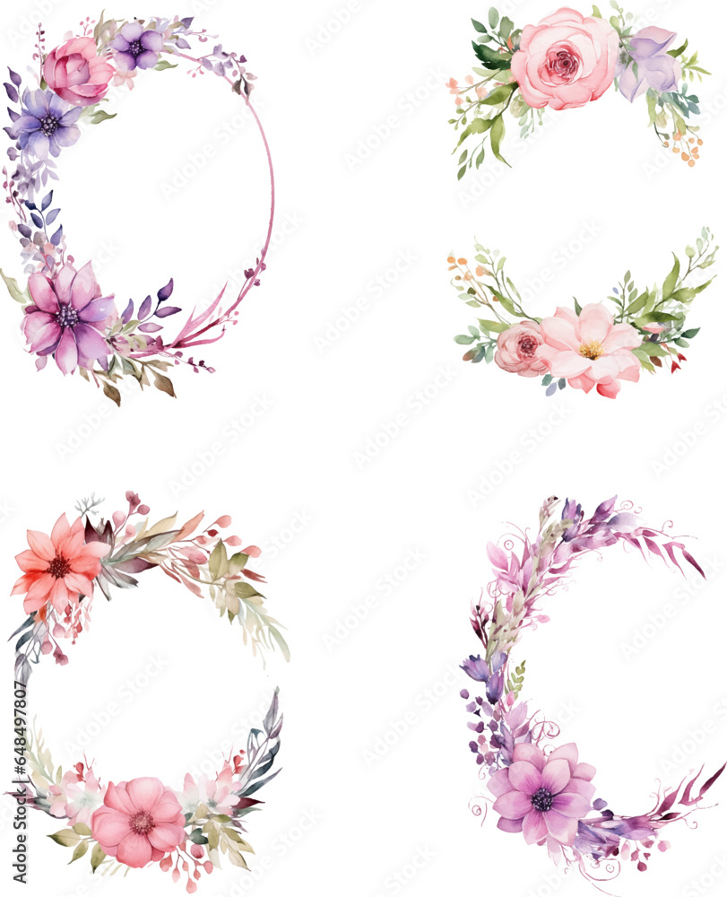 Set of watercolor oval flower frame illustrations, template wedding invitation card Set of watercolor oval flower frame illustrations, template wedding invitation card
