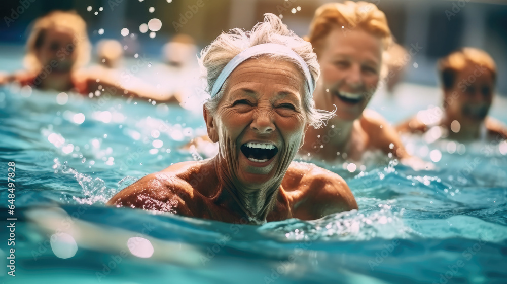 Happy senior women enjoying exercise in a pool, Retired lifestyle.
