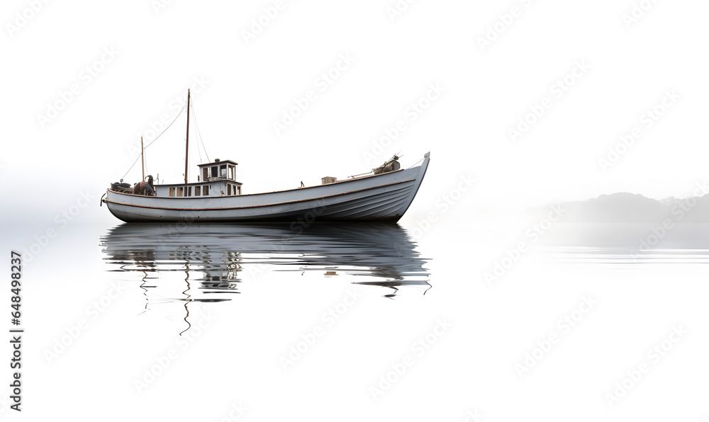 A monochrome fishing boat with reflection in the water