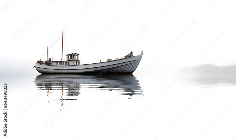 A monochrome fishing boat with reflection in the water A monochrome fishing boat with reflection in the water