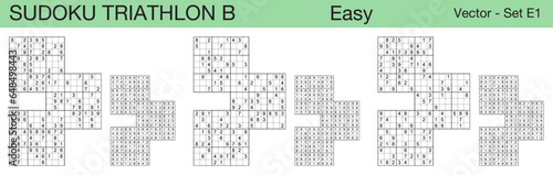 A set of 3 easy scalable sudoku triathlon B puzzles suitable for kids, adults and seniors and ready for web use, or to be compiled into a standard or large print activity book.