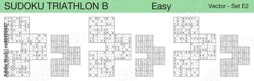 A set of 3 easy scalable sudoku triathlon B puzzles suitable for kids, adults and seniors and ready for web use, or to be compiled into a standard or large print activity book.