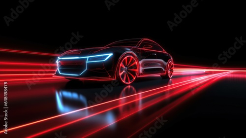 Red neon glowing in the dark electric car on high speed running concept