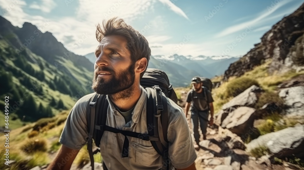 Man hiking in forest on mountain.