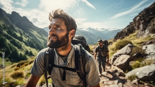 Man hiking in forest on mountain.