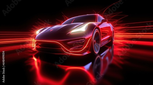 Red neon glowing in the dark electric car on high speed running concept © Beny