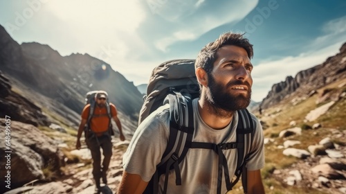 Man hiking in forest on mountain.