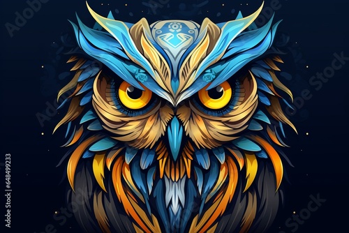 Illustration of an owl with abstract features in blue and yellow colors. Generative AI