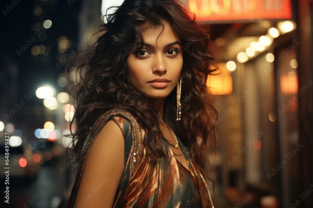 A portrait of a young, beautiful Indian woman with a serious expression, set against the blurred backdrop of an evening city street in a street photography style