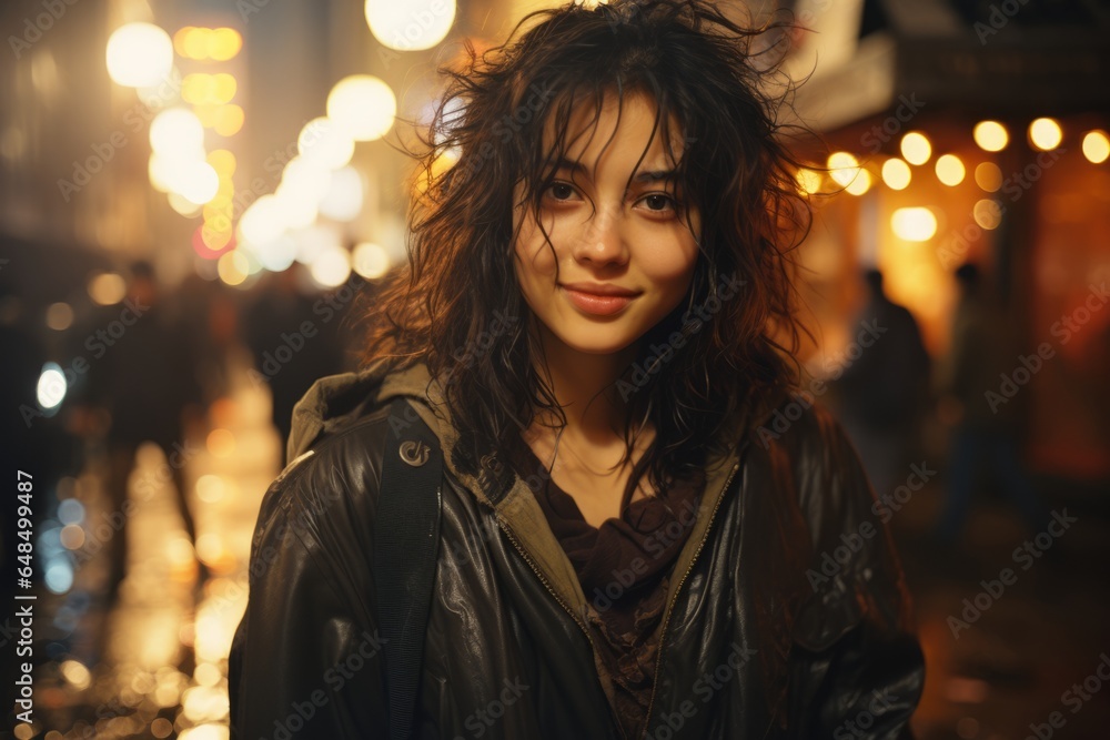 Portrait of a beautiful brunette girl with a sweet smile, set against the blurred backdrop of an evening city street, captured in street photography style Portrait of a beautiful brunette girl with a sweet smile, set against the blurred backdrop of an evening city street, captured in street photography style